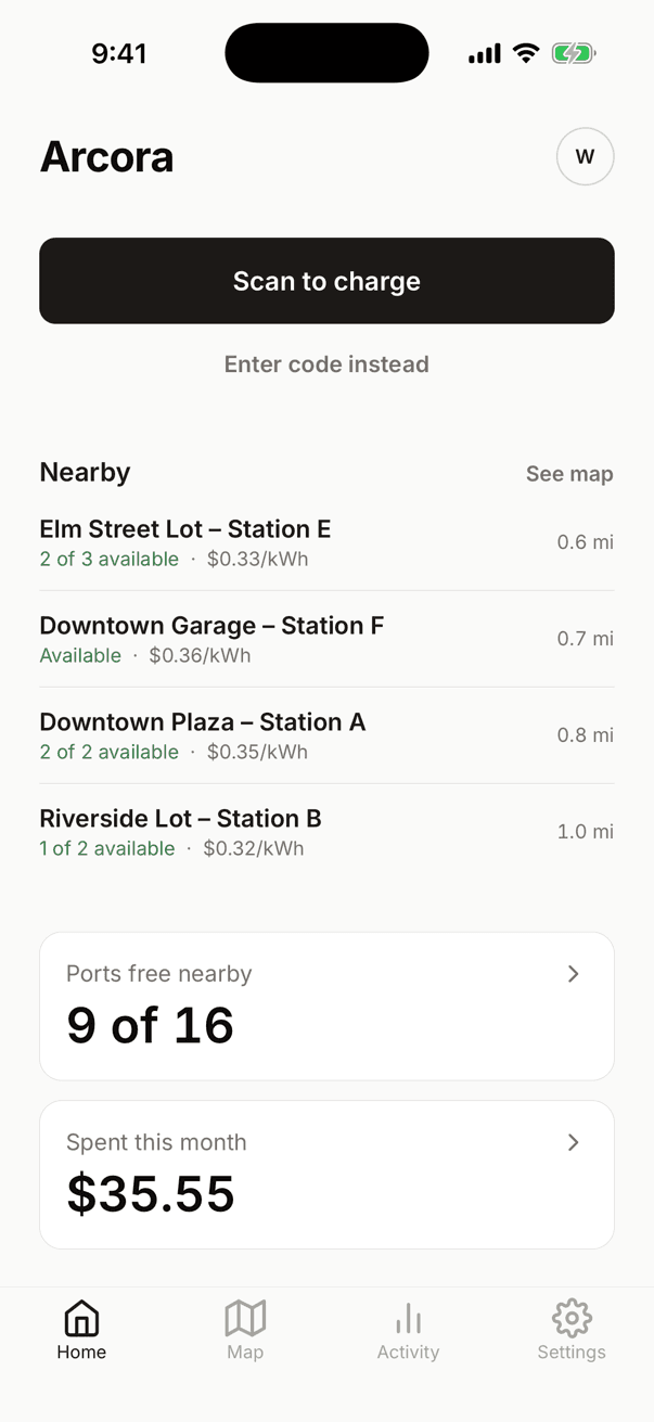 The Arcora app's Home screen: Scan to charge, nearby chargers with free ports and prices, and the month's spending.